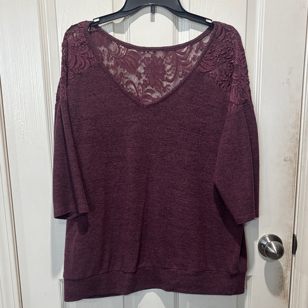 Lace Yoke V-Neck Pullover Sweater - Deep Plum